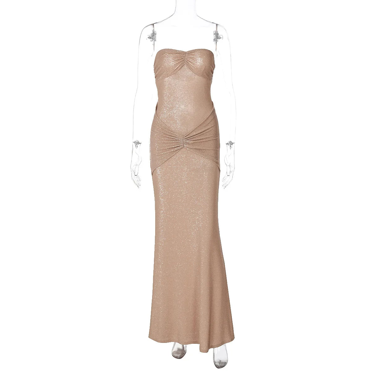 Metallic Strapless Ruched Twist Front Column Maxi Dress