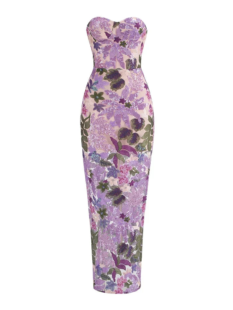 Sequin Floral - Embellished Lavender Strapless Dress