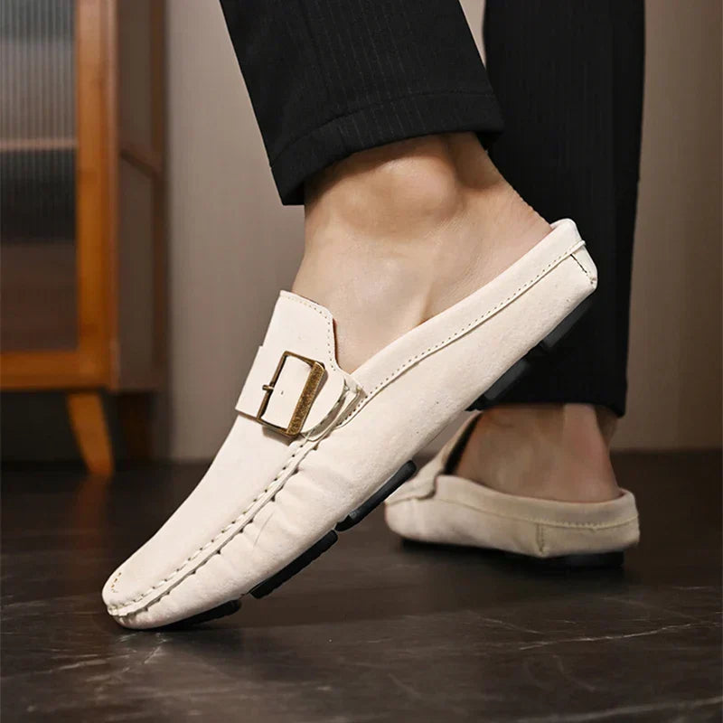 Suede Look Buckle Strap Backless Loafer Mules