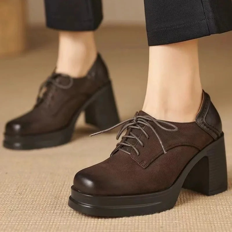 Lace Up Square Toe Platform Block Heel Pumps