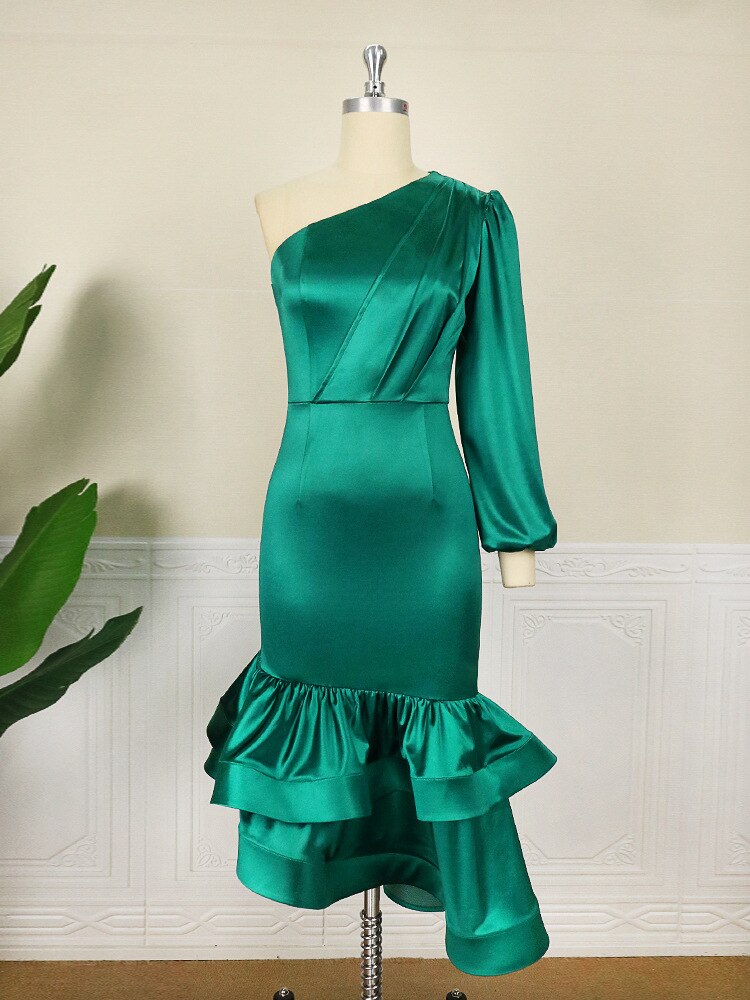 Satin One Shoulder Long Sleeve Ruched Tiered Ruffle Midi Dress