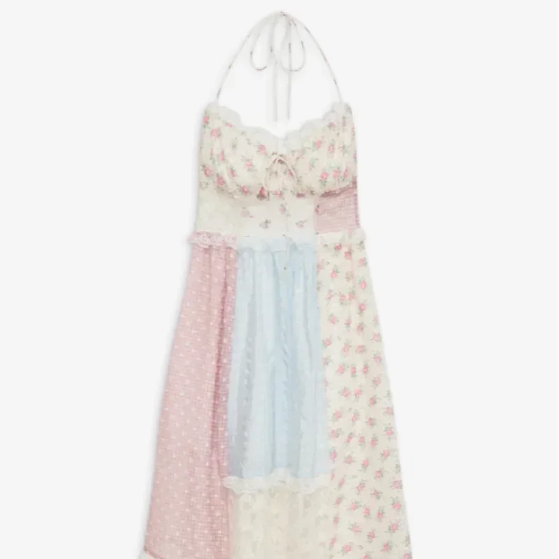 Floral Patchwork Lace Panel Tie Front Spaghetti Strap Tiered Maxi Dress 8