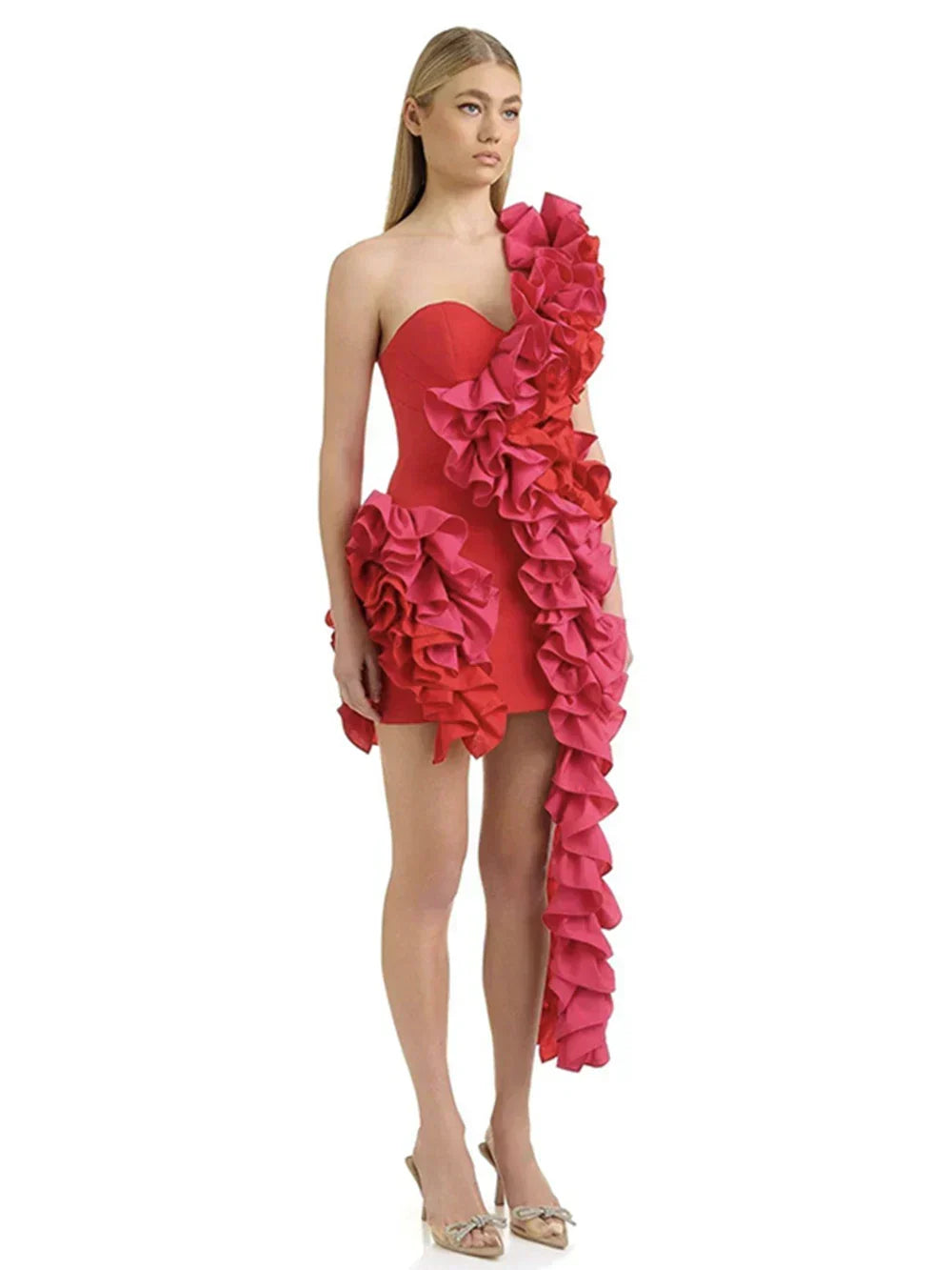 One Shoulder Sweetheart Neck Cascading Ruffle Bodycon Mini Dress 6
