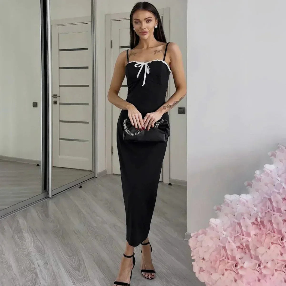 Contrast Lace Trim Bow Front Spaghetti Strap Bodycon Maxi Dress