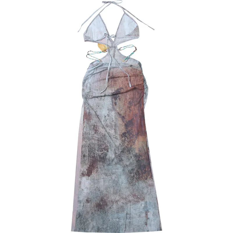 Abstract Print Deep V-Neck Halter Cut Out Shell Detail Maxi Dress 9