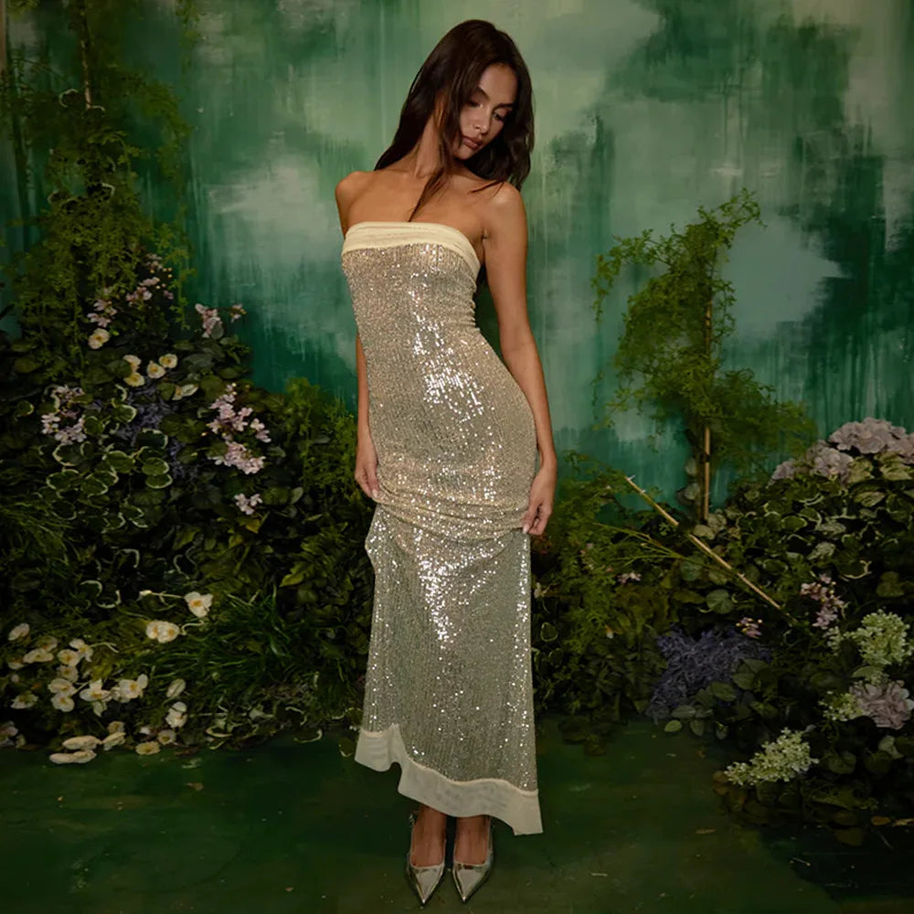 Sequin Strapless Bodycon Maxi Dress with Chiffon Hood Scarf 15