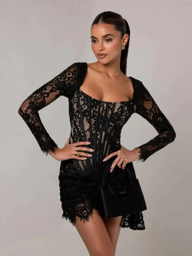 Lace Square Neck Long Sleeve Corset Ruched Mini Dress
