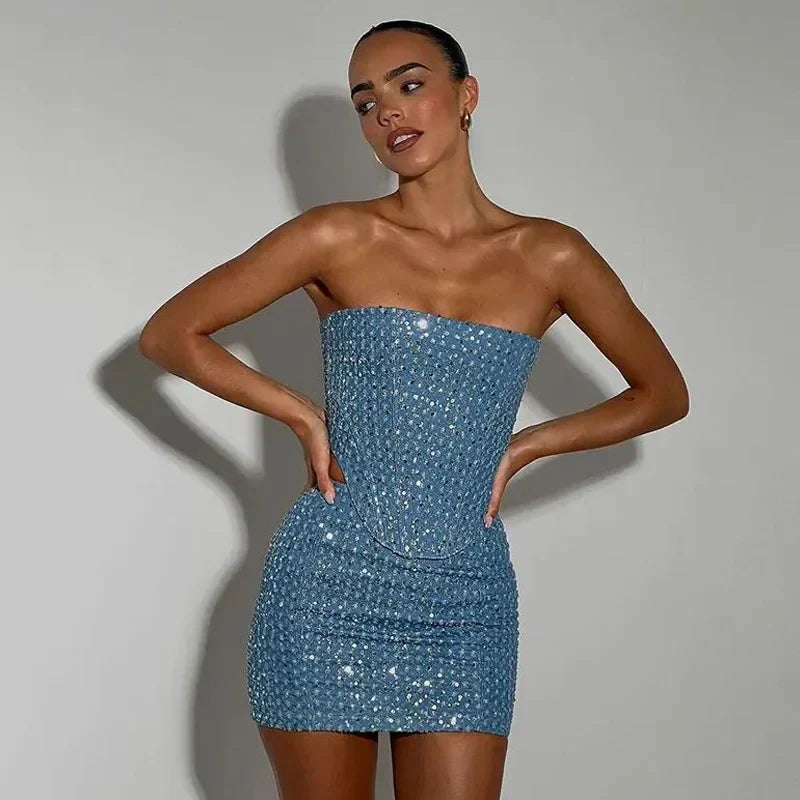 Blue Sequined Denim Strapless Mini Two Piece Skirt Set