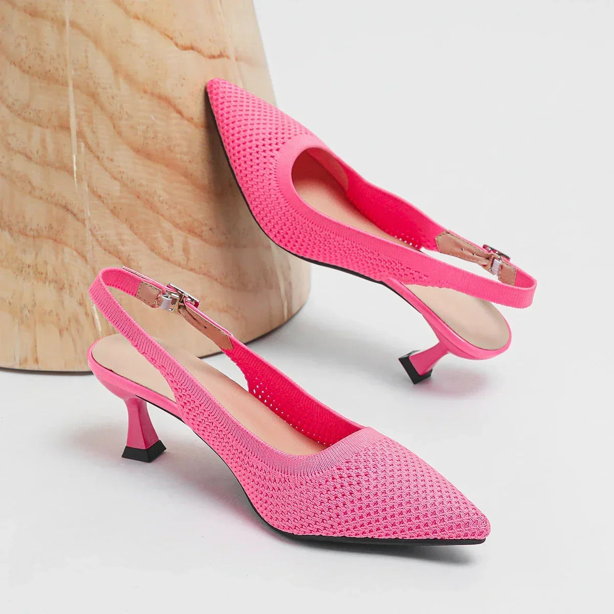 Pointed Toe Slingback Mesh Kitten Heel Pumps