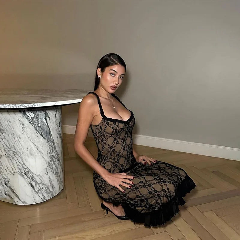 Sheer Lace Ruffle Trim Square Neck Tiered Hem Midi Dress
