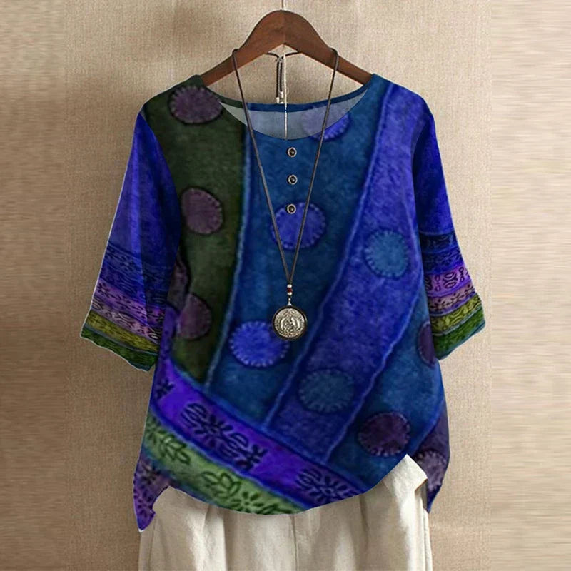 Round Neck Half Sleeve Floral Button Blouse