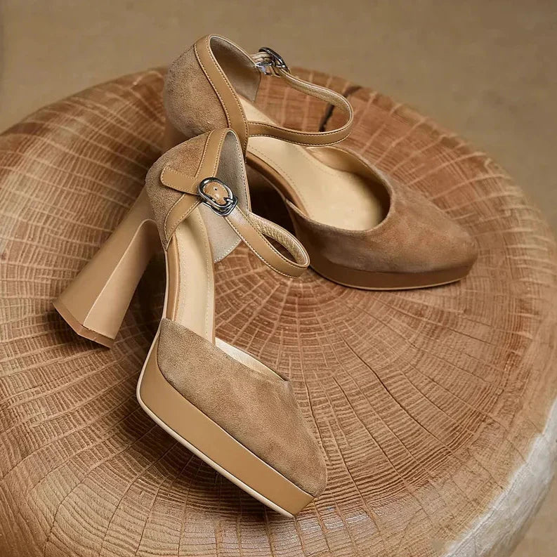 Suede Look Ankle Strap Platform Block Heel Pumps