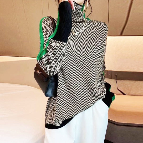 Turtleneck Long Sleeve Herringbone Knit Sweater