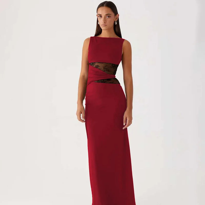 Asymmetric Neck Cap Sleeve Lace Waist Panel Bodycon Maxi Dress 6