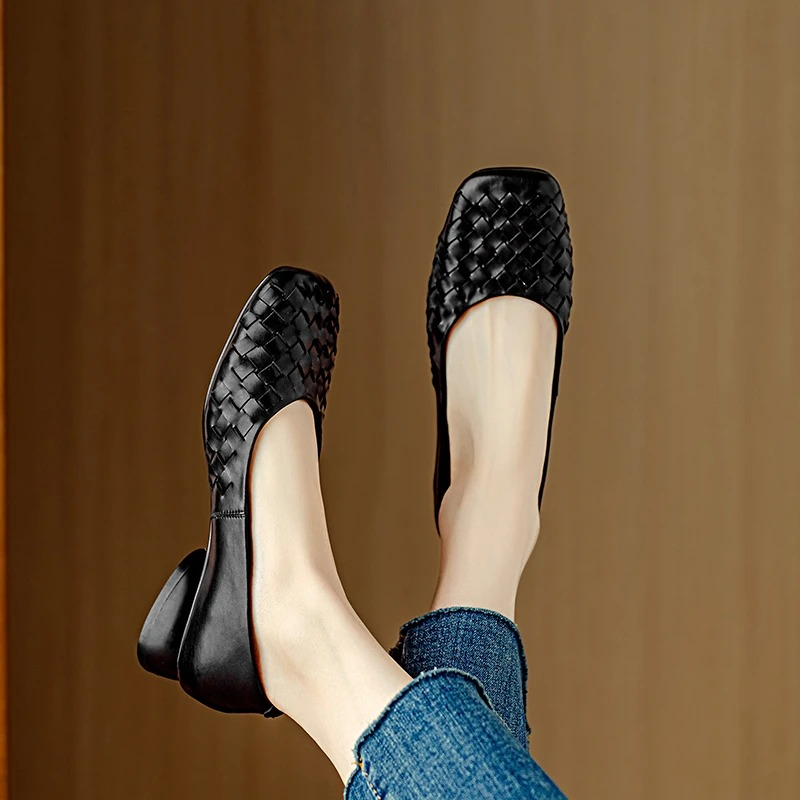 Woven Square Toe Low Heel Ballet Flats
