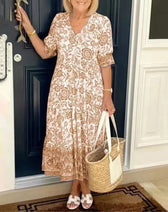 Border Floral V-Neck Short Sleeve Tiered Midi Dress 6