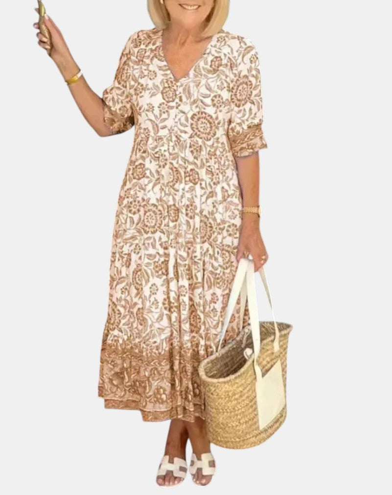 V-Neck Short Sleeve Floral Print Tiered Maxi Dress