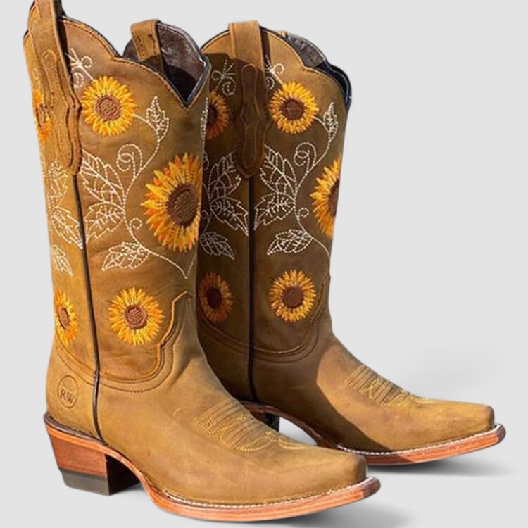 Sunflower Embroidered Square Toe Western Boots