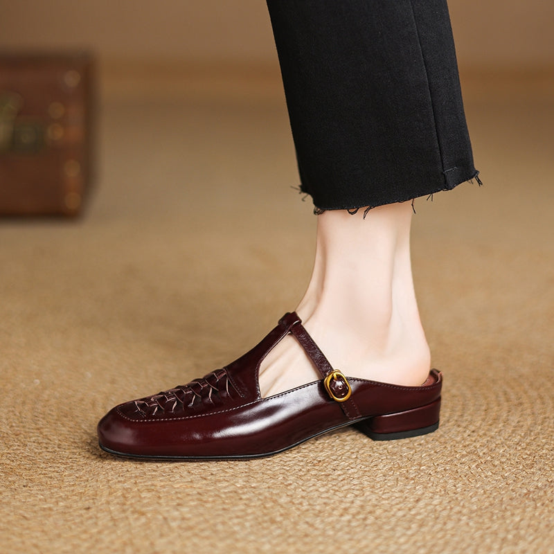 Square Toe T-Strap Buckle Low Block Heel Mary Jane
