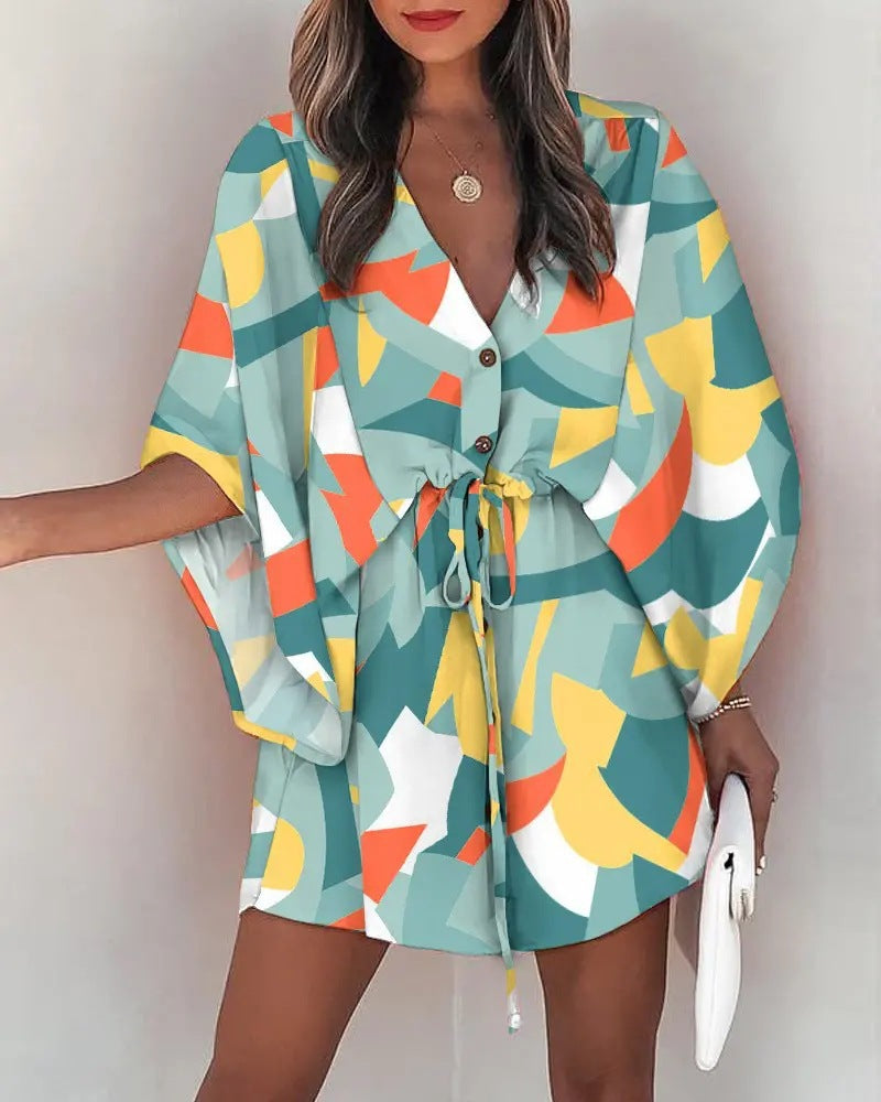 Casual Flora Print Batwing Sleeve LaceUp Dress