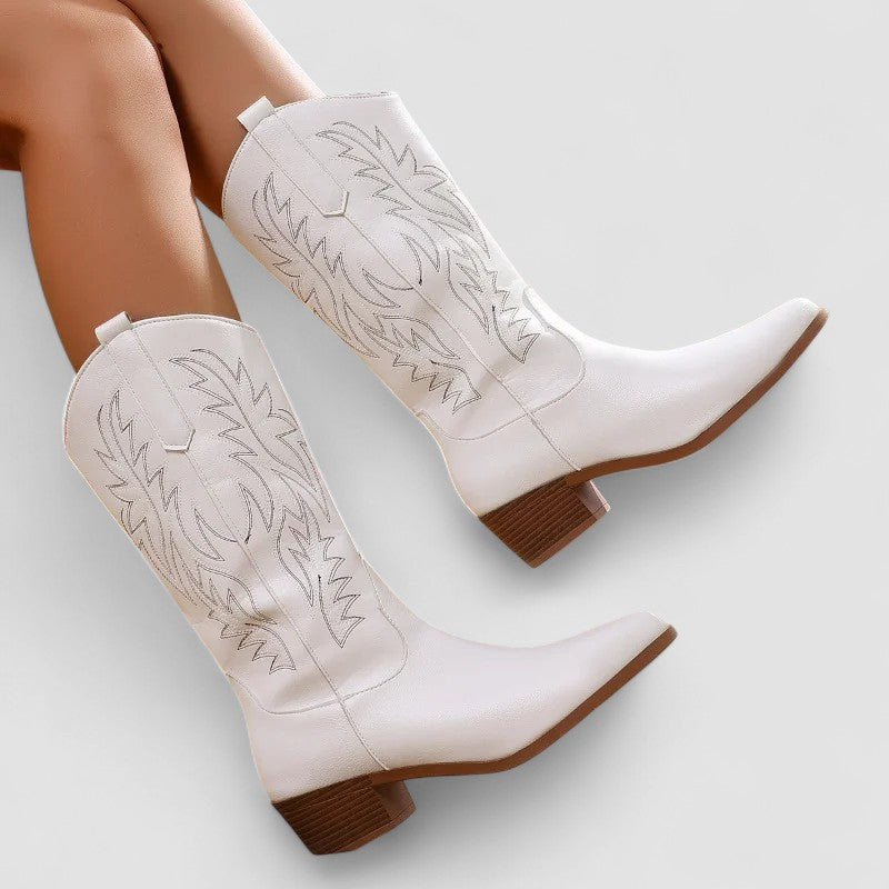 Embroidered Pointed Toe Block Heel Western Cowboy Boots