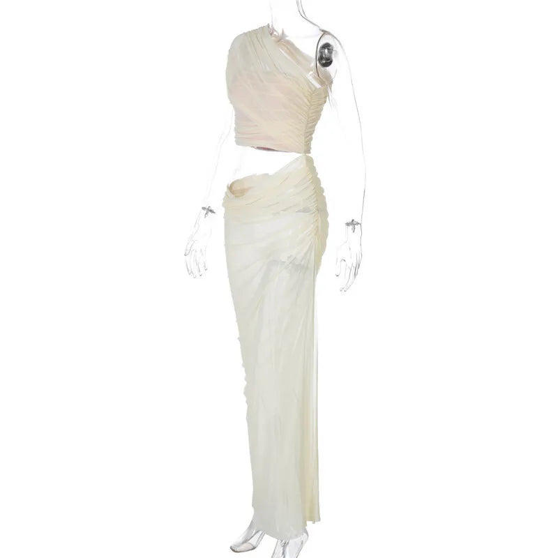 One Shoulder Ruched Mesh Cut Out High Split Maxi Dress 21