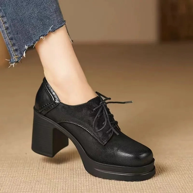 Lace Up Square Toe Platform Block Heel Pumps