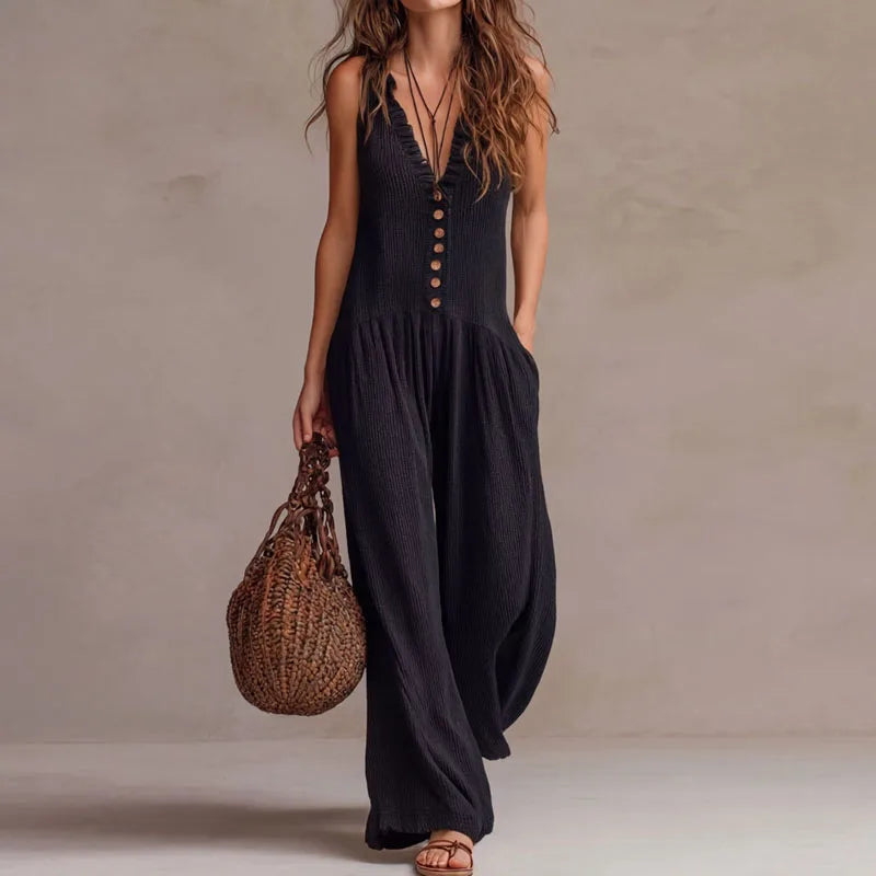 Deep V-Neck Button Front Sleeveless Wide Leg Jumpsuit