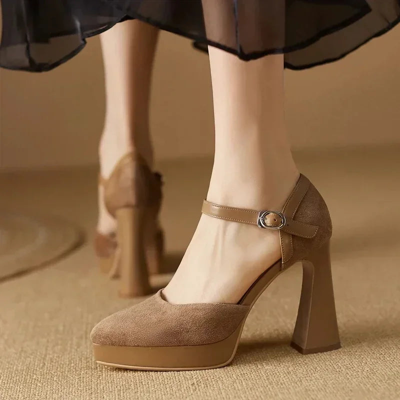 Suede Ankle Strap Platform Block Heel Pumps