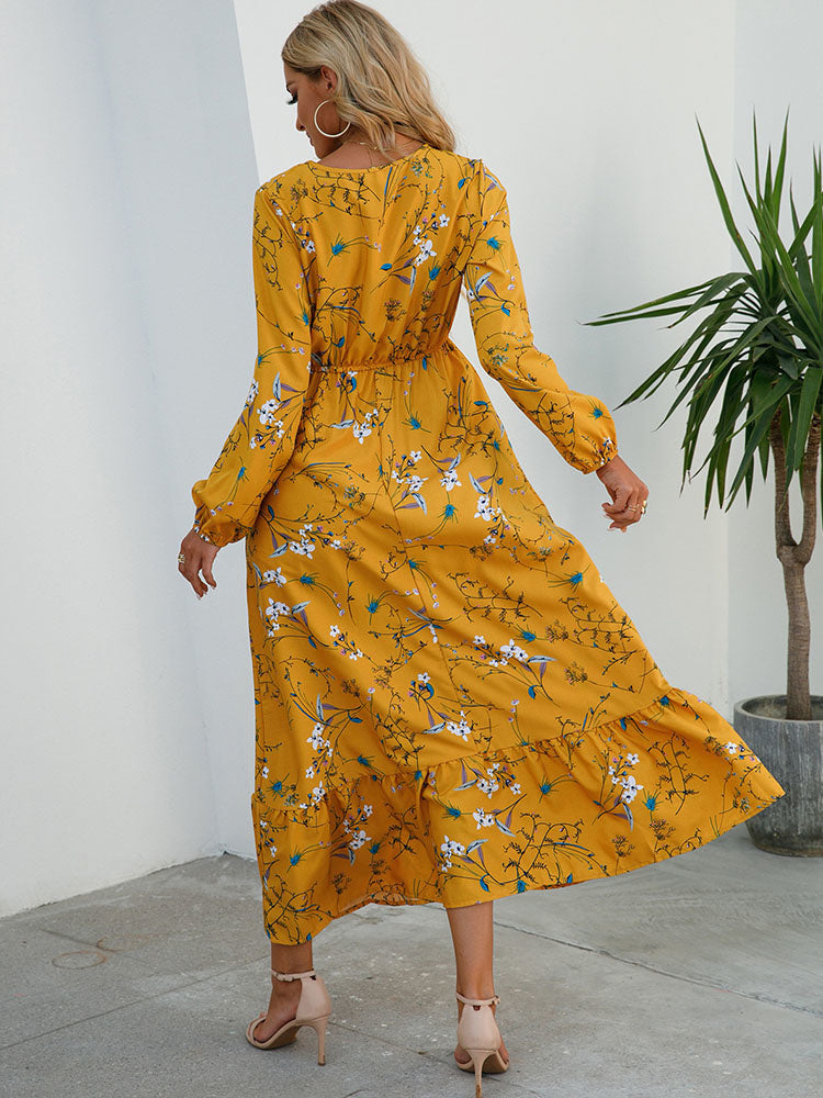Floral Print Round Neck Long Sleeve Elastic Waist Ruffle Hem Maxi Dress 5