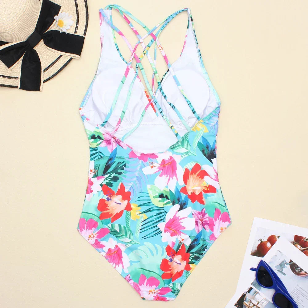 Floral Print V-Neck Ruched One Piece Swimsuit