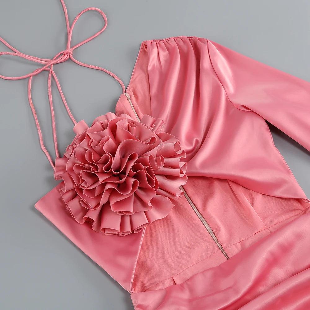 Satin One Shoulder Long Sleeve Rosette Cut Out Ruched Mini Dress 8