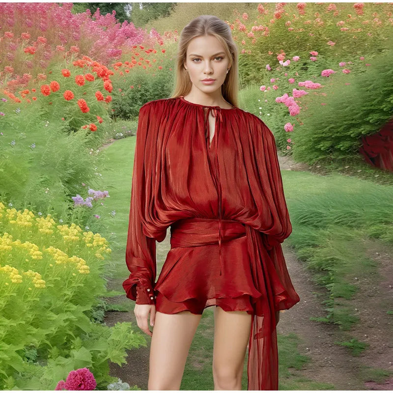 Pleated Chiffon Tie Neck Lantern Sleeve Sash Waist Ruffle Mini Dress 23