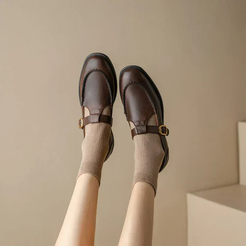 Round Toe T-Strap Buckle Mary Jane Flats