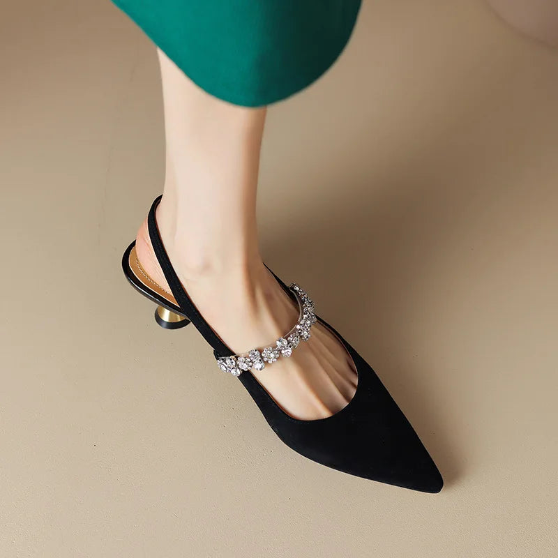 Pointed Toe Rhinestone Strap Kitten Heel Pumps