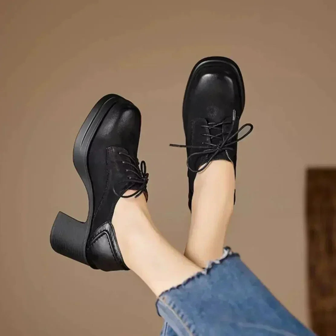 Lace Up Square Toe Platform Block Heel Pumps