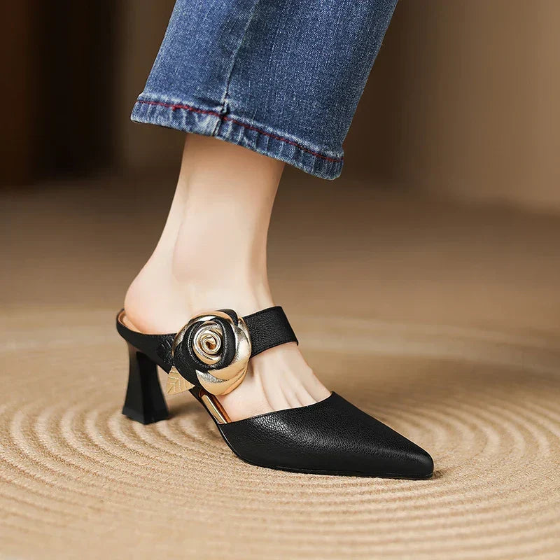 Pointed Toe Floral Buckle Spool Heel Mules