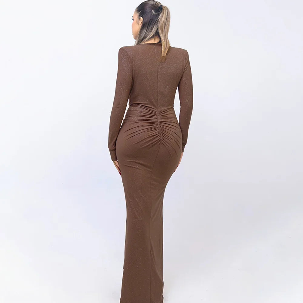 Glitter Deep V-Neck Long Sleeve Twist Front Ruched Maxi Dress 30