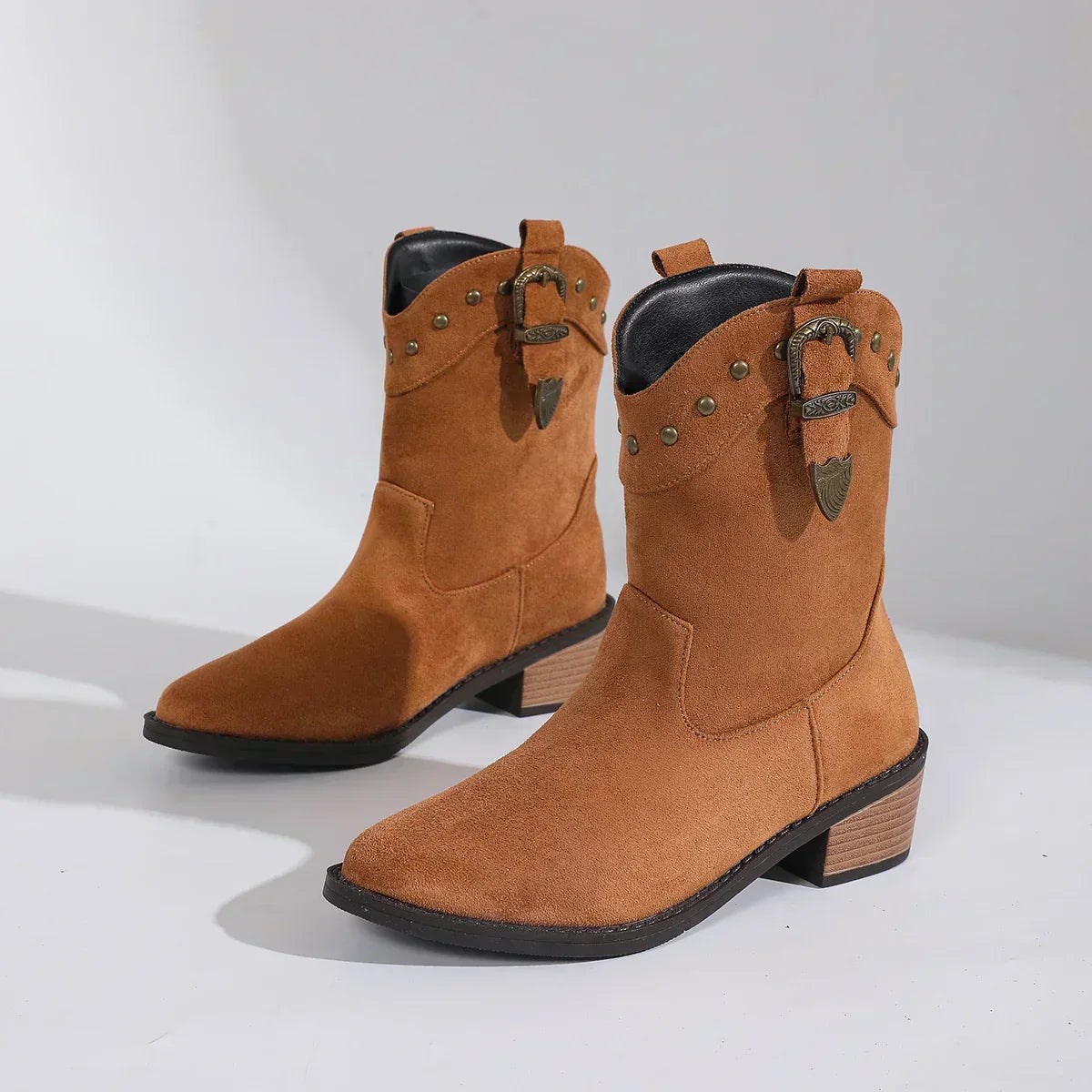 Suede Look Studded Buckle Western Block Heel Ankle Boots