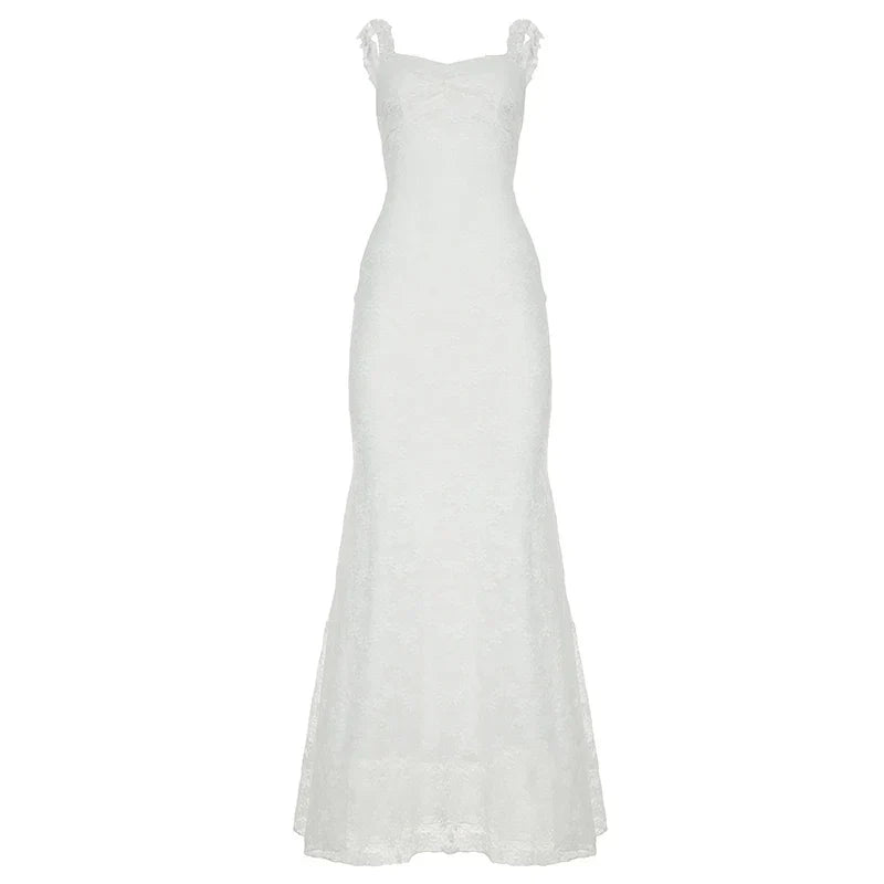 Boho Chic Women Floor Length Fishtail Dress White Lace Graceful Sexy Sleeveless Bodycon Maxi Dress Summer Clubwear