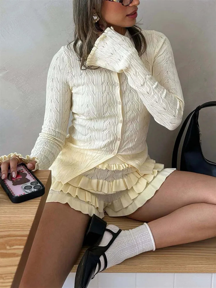 Hollow Out Knit Ruffle Cardigan Button Top Two Piece Shorts Set