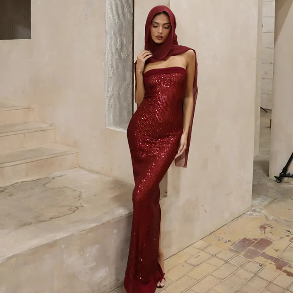 Sequin Strapless Bodycon Maxi Dress with Chiffon Hood Scarf 5