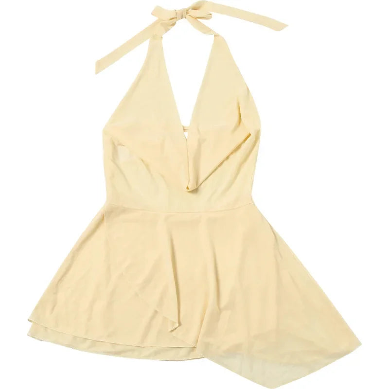 V Neck Sexy Fashion Mini Dress For Women Ruffled Backless Lace Up Patchwork Mesh Autumn Slim Solid Female Party Dress