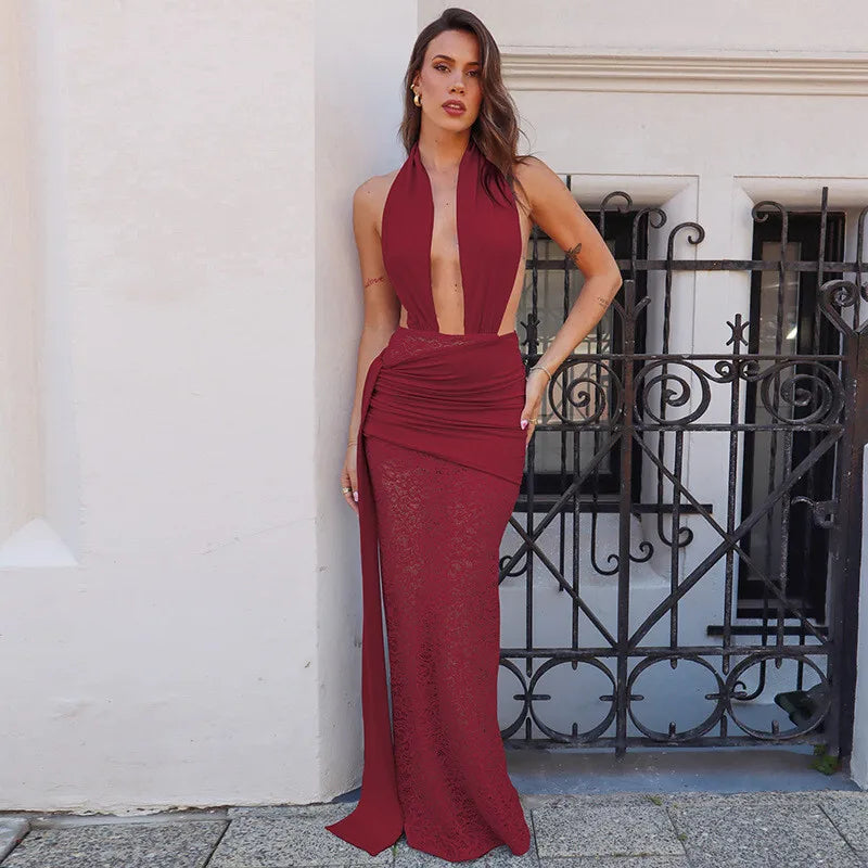 Halter Neck Deep V-Neck Draped Waist Lace Skirt Maxi Gown 15