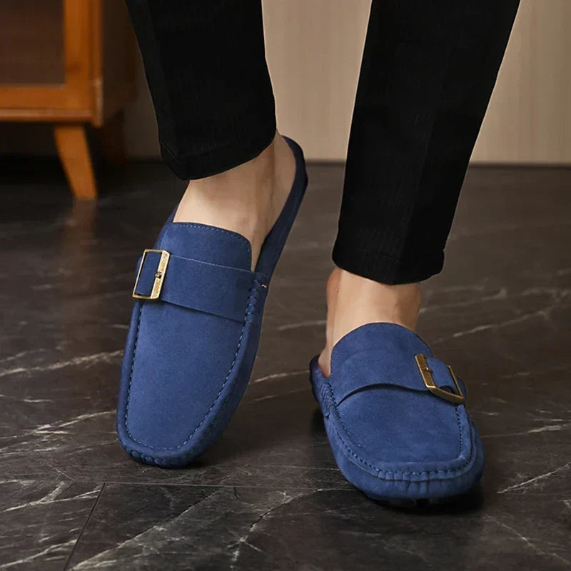 Suede-Look Buckle Backless Loafer Mules