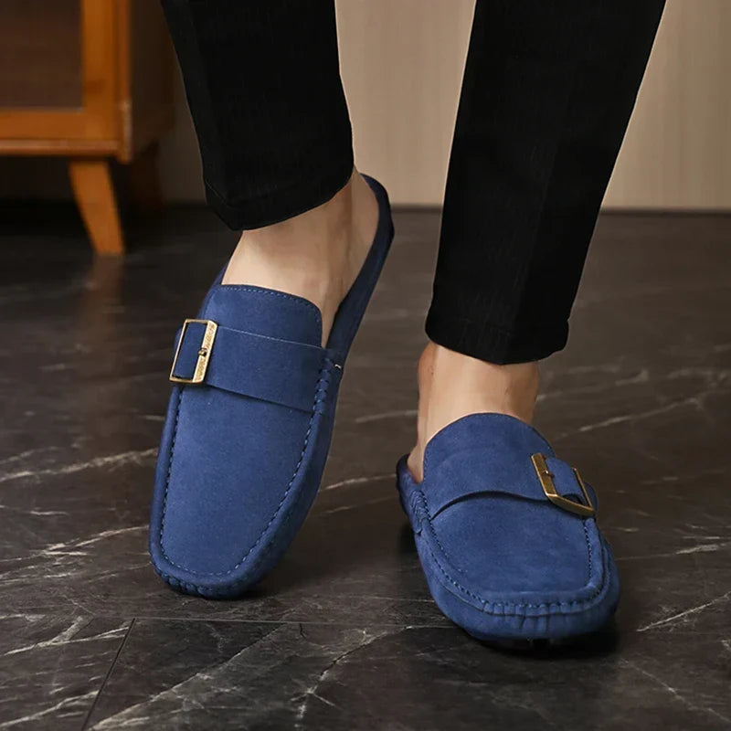 Suede Look Buckle Strap Backless Loafer Mules