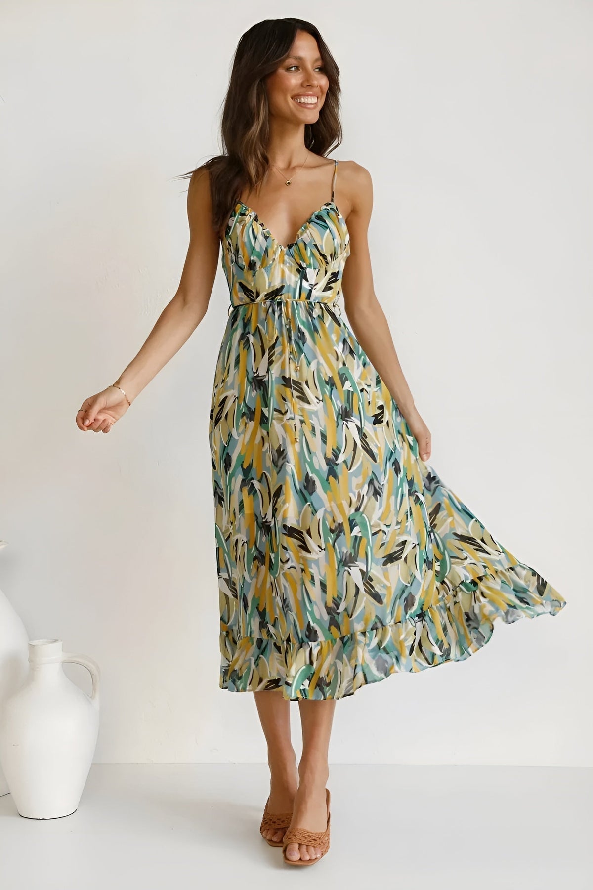 Abstract Print V-Neck Spaghetti Strap Tiered Midi Dress