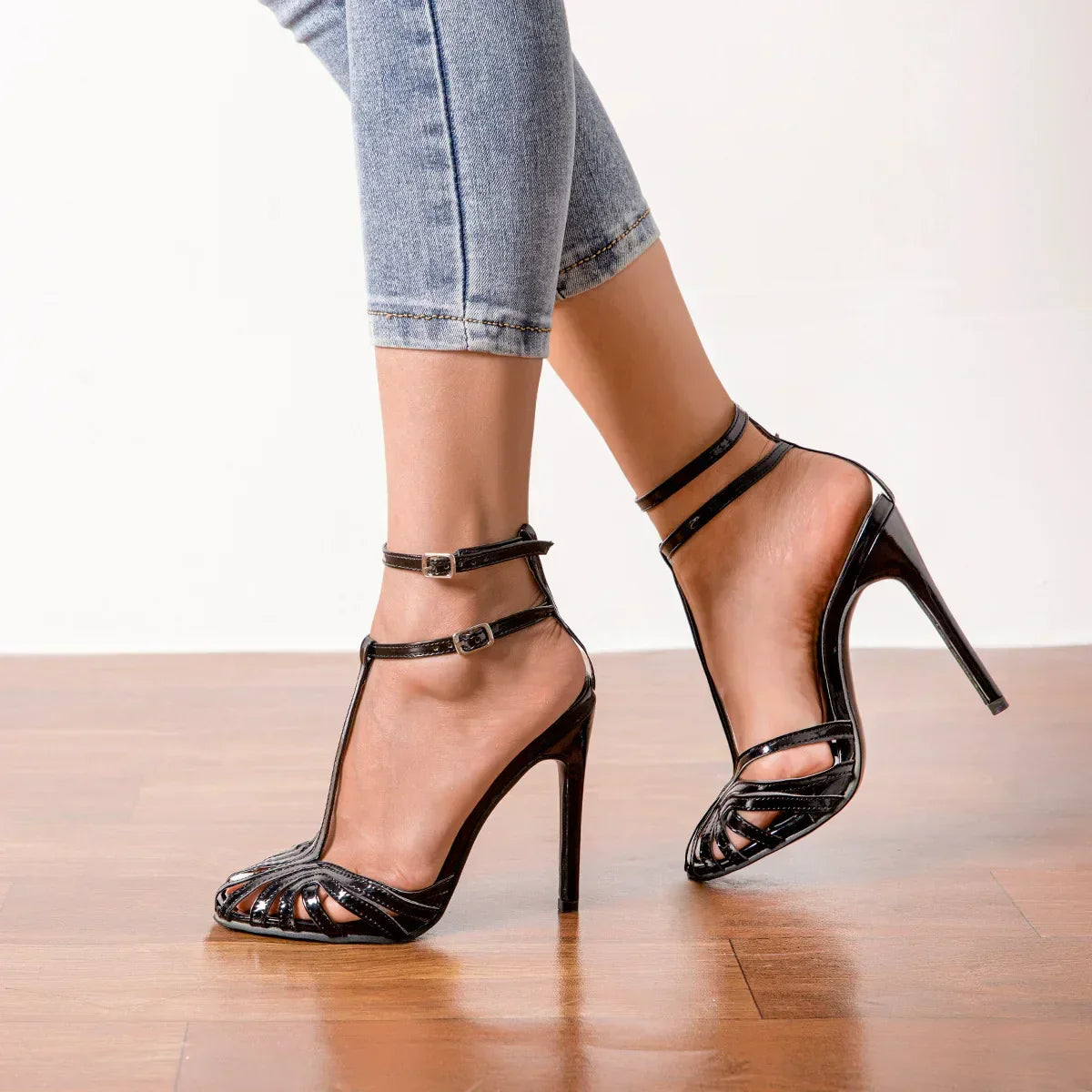 Croc Embossed Peep Toe Ankle Strap Stiletto Heel Sandals