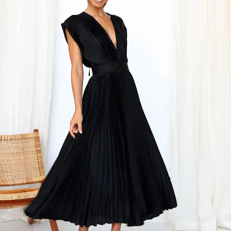 Deep V-Neck Cap Sleeve Pleated Flared Midi Dress