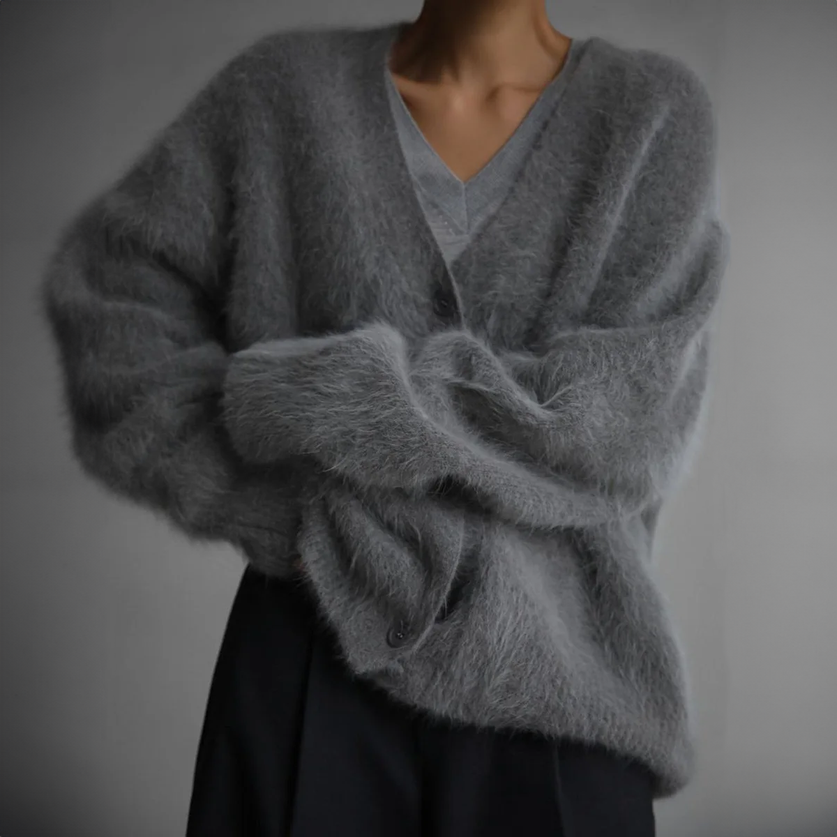 Fuzzy Knit V-Neck Button Front Cardigan
